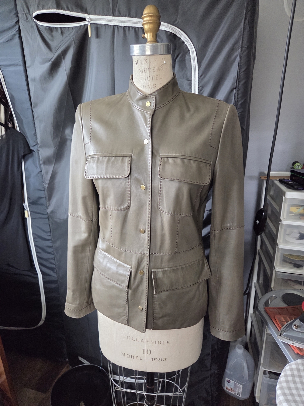 Classic Olive Utility Leather Jacket with Stand Collar